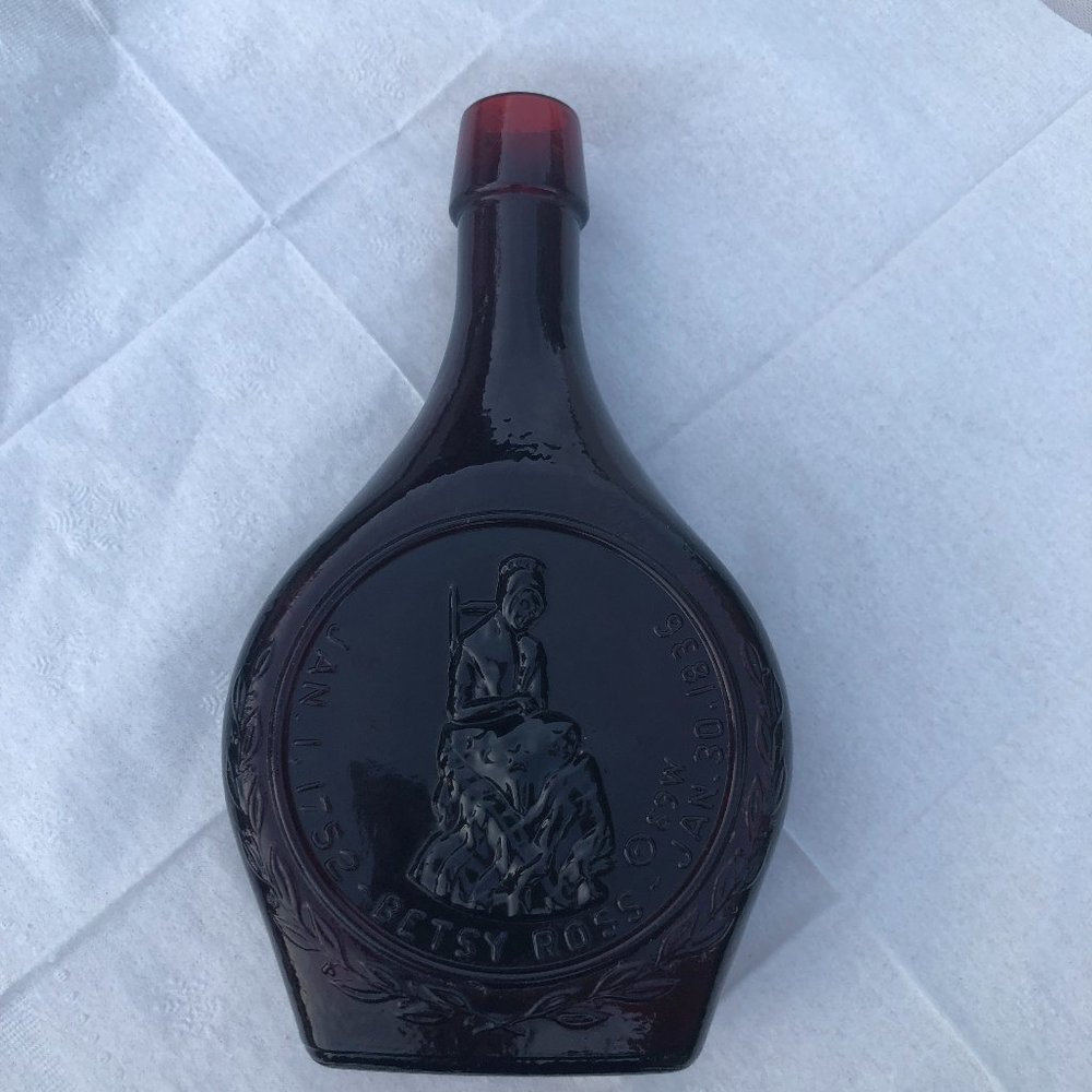 Vintage Wheaton Betsy Ross Red Glass Embossed Bottle 8” Typo Error FLAAG
